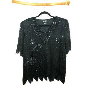 Tan-Chho Blouse Vintage‎ Beaded  Sequins Black 100% Pure Silk Short Sleeve Large